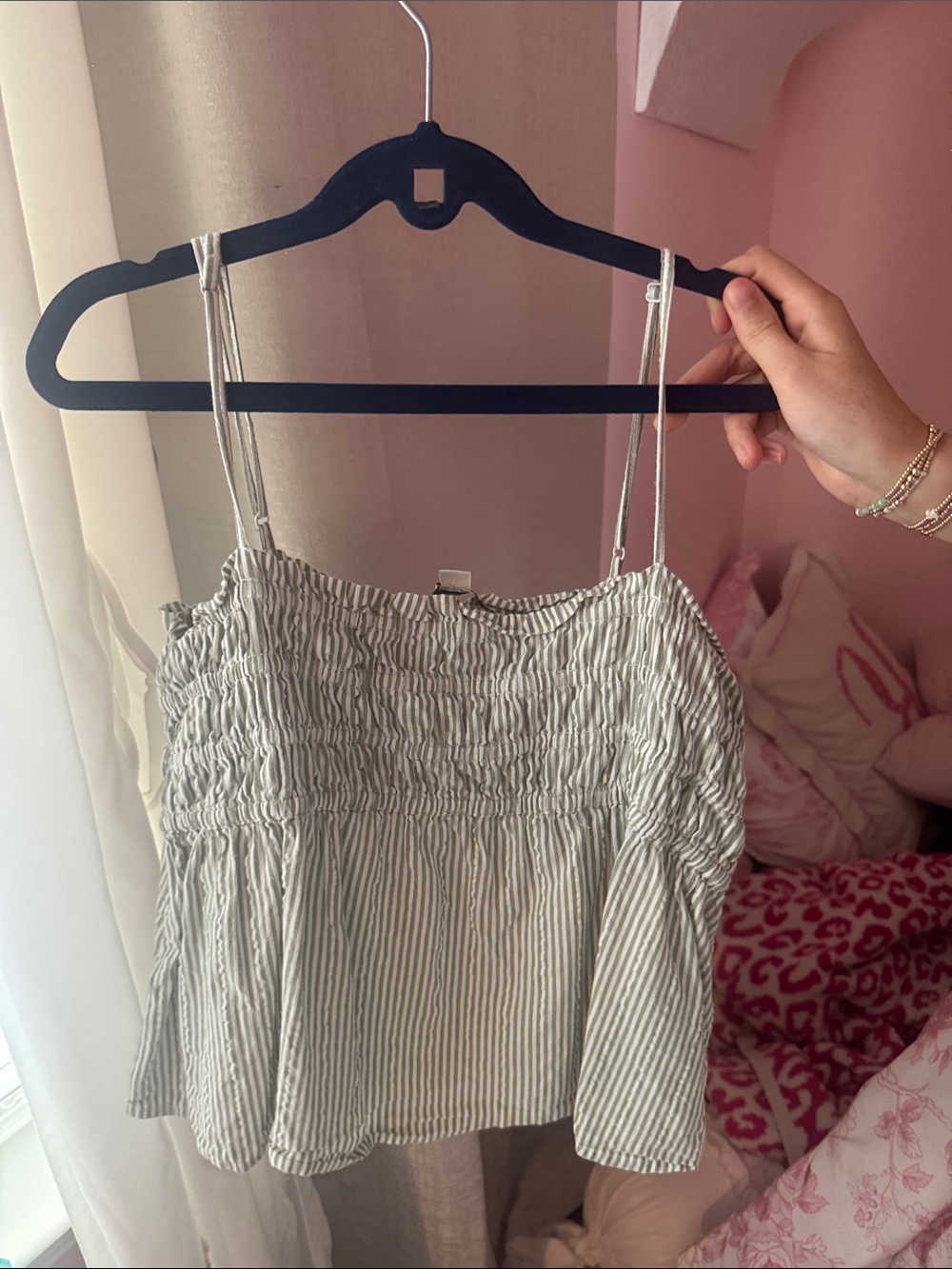 American Eagle Outfitters White and Gray Striped Smocked Camisole